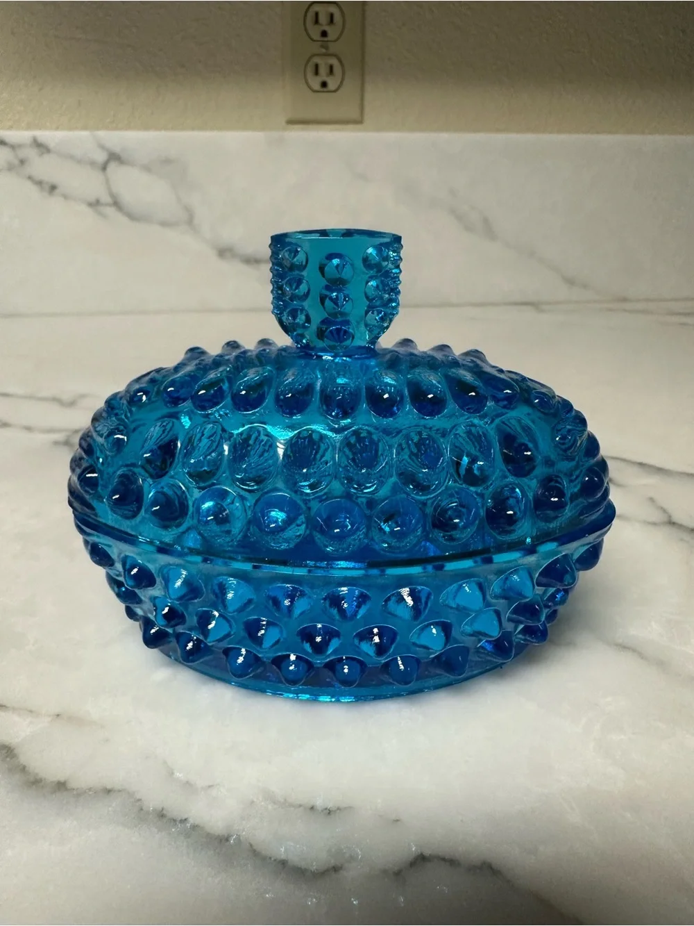 vintage blue hobnail glass covered candy dish